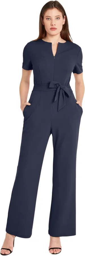 Donna Morgan womens Short Sleeve Notch Neck Jumpsuit With Waist Tie | Jumpsuits for Women Dressy