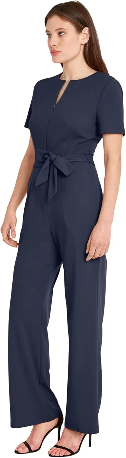 Donna Morgan womens Short Sleeve Notch Neck Jumpsuit With Waist Tie | Jumpsuits for Women Dressy