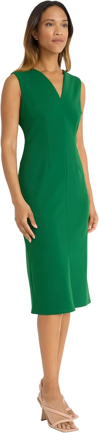 Donna Morgan Women's Sleeveless V-Neck Midi Sheath Dress with Front Slit