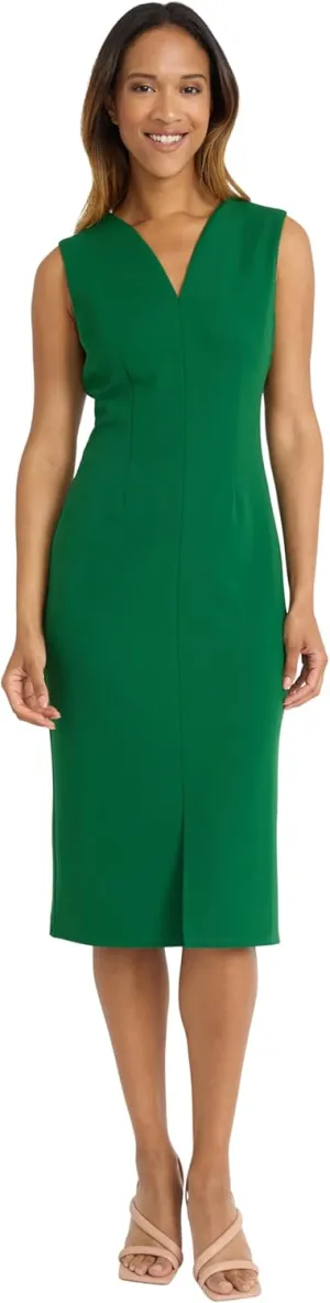 Donna Morgan Women's Sleeveless V-Neck Midi Sheath Dress with Front Slit