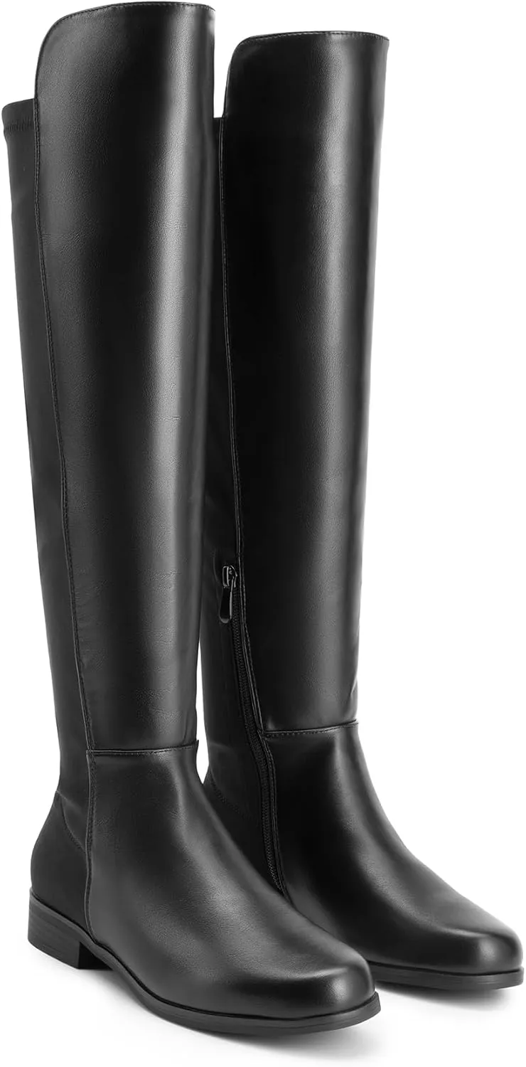 DREAM PAIRS Women's Knee-High Boots Comfortable Flat Low Heel Round Toe Stretchy Suede Slouch Boots with Side Zipper