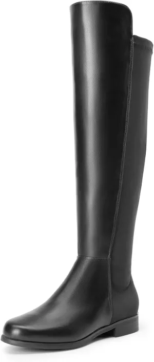 DREAM PAIRS Women's Knee-High Boots Comfortable Flat Low Heel Round Toe Stretchy Suede Slouch Boots with Side Zipper