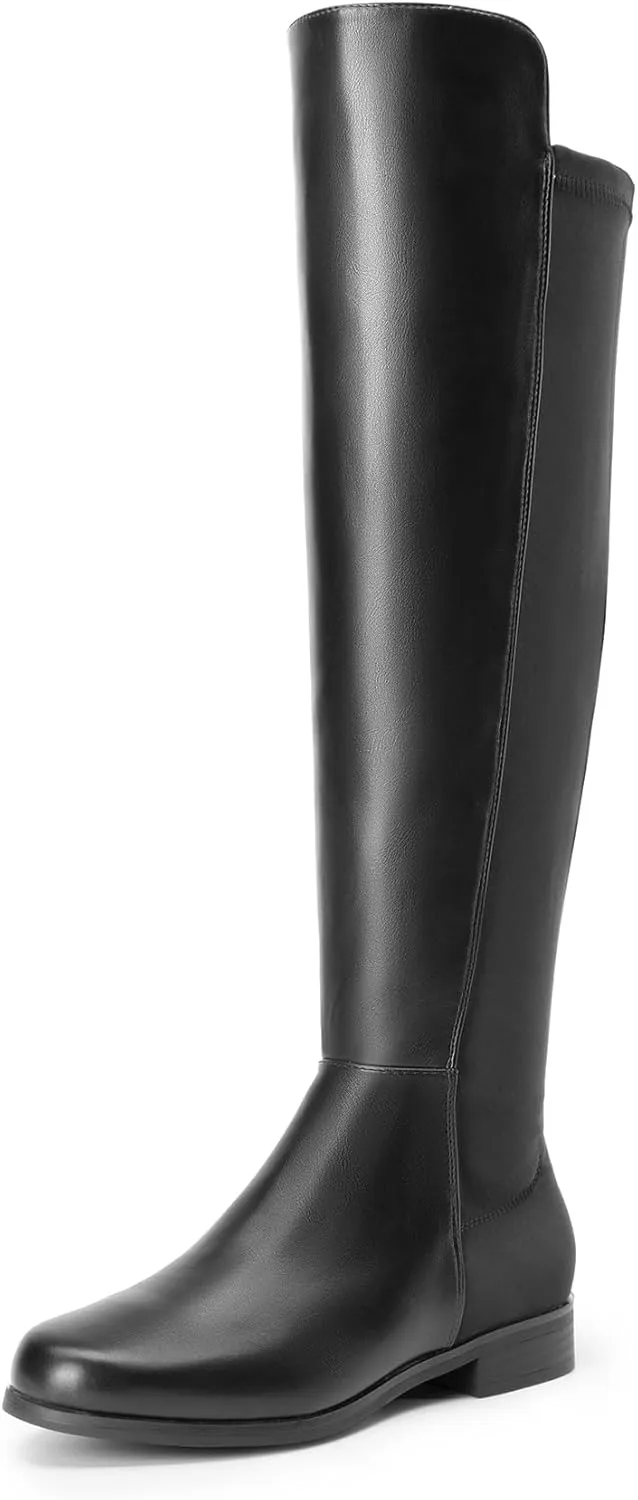DREAM PAIRS Women's Knee-High Boots Comfortable Flat Low Heel Round Toe Stretchy Suede Slouch Boots with Side Zipper