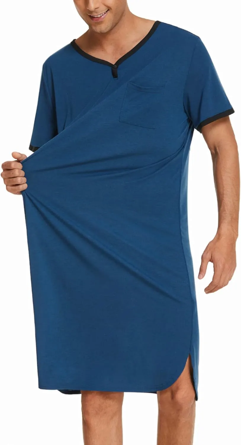 Ekouaer Men's Nightshirt Nightwear Comfy Big&Tall Short Sleeve Henley Sleep Shirt
