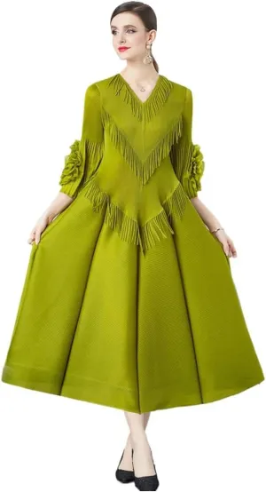Elegant Court Design Dress for Women with Fringe Details, v-Neck, Slim-fit, Long Trumpet Sleeves