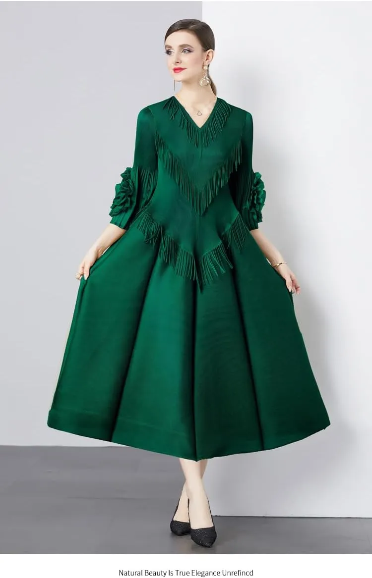 Elegant Court Design Dress for Women with Fringe Details, v-Neck, Slim-fit, Long Trumpet Sleeves