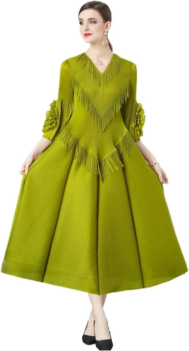 Elegant Court Design Dress for Women with Fringe Details, v-Neck, Slim-fit, Long Trumpet Sleeves