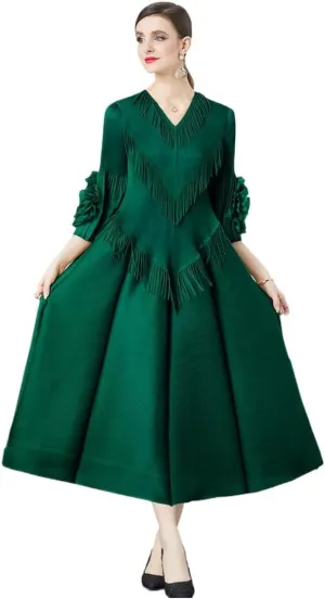 Elegant Court Design Dress for Women with Fringe Details, v-Neck, Slim-fit, Long Trumpet Sleeves