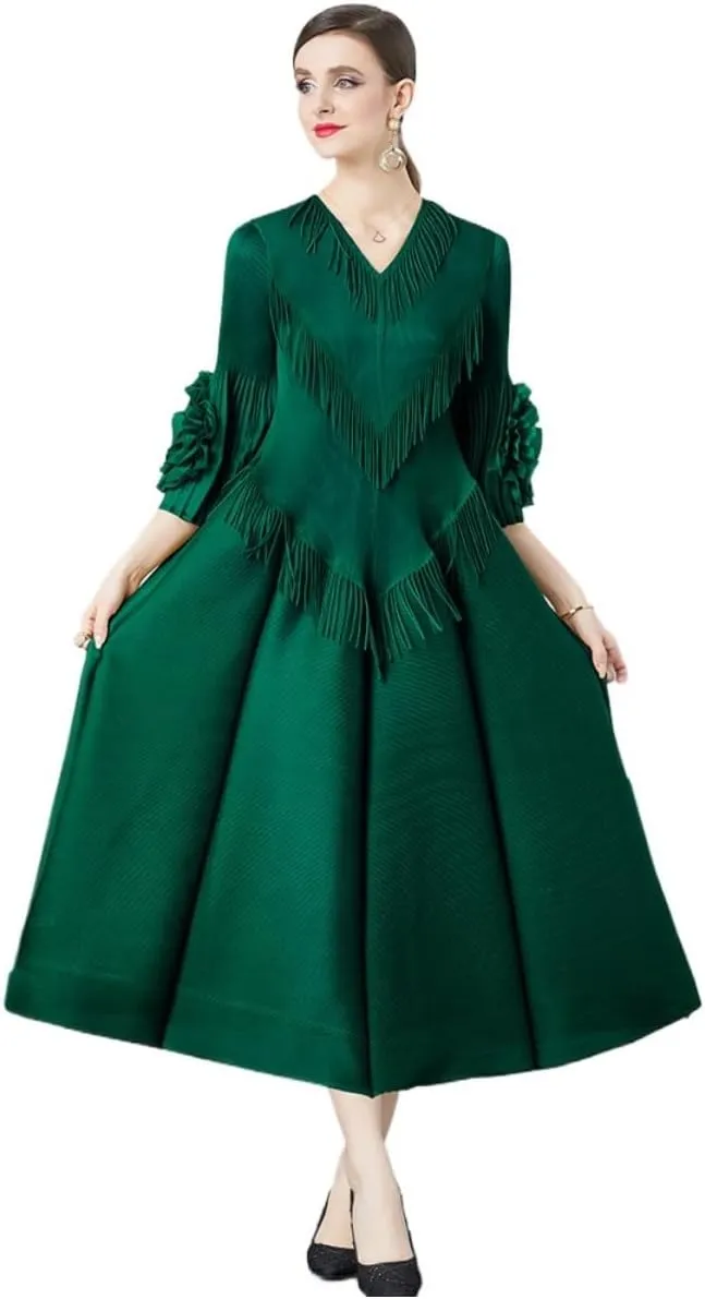 Elegant Court Design Dress for Women with Fringe Details, v-Neck, Slim-fit, Long Trumpet Sleeves
