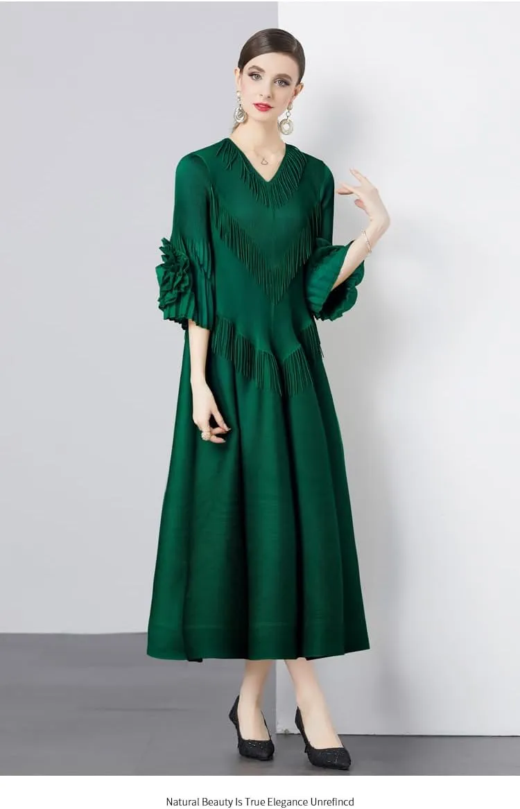 Elegant Court Design Dress for Women with Fringe Details, v-Neck, Slim-fit, Long Trumpet Sleeves
