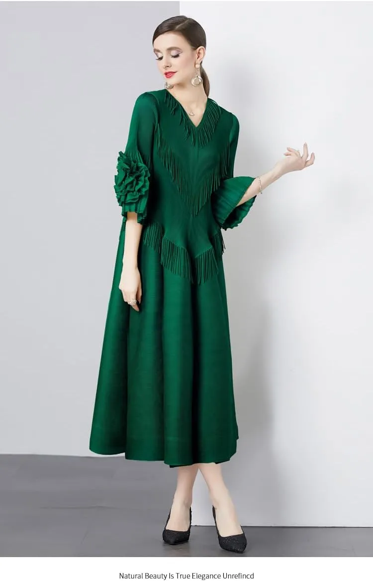 Elegant Court Design Dress for Women with Fringe Details, v-Neck, Slim-fit, Long Trumpet Sleeves