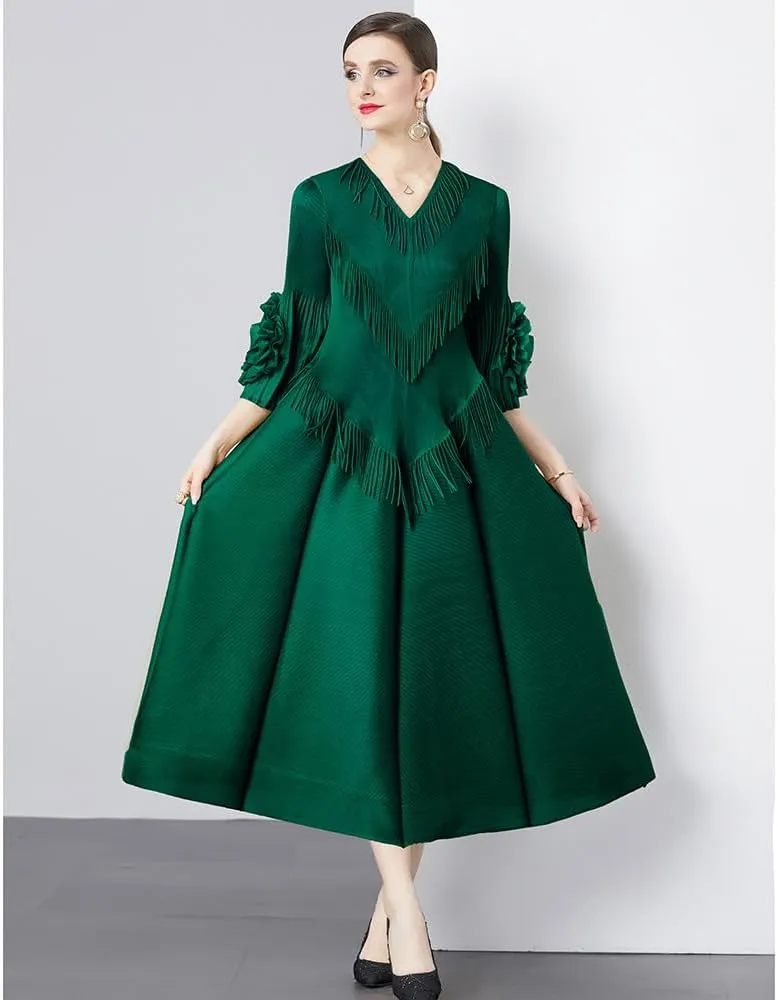 Elegant Court Design Dress for Women with Fringe Details, v-Neck, Slim-fit, Long Trumpet Sleeves