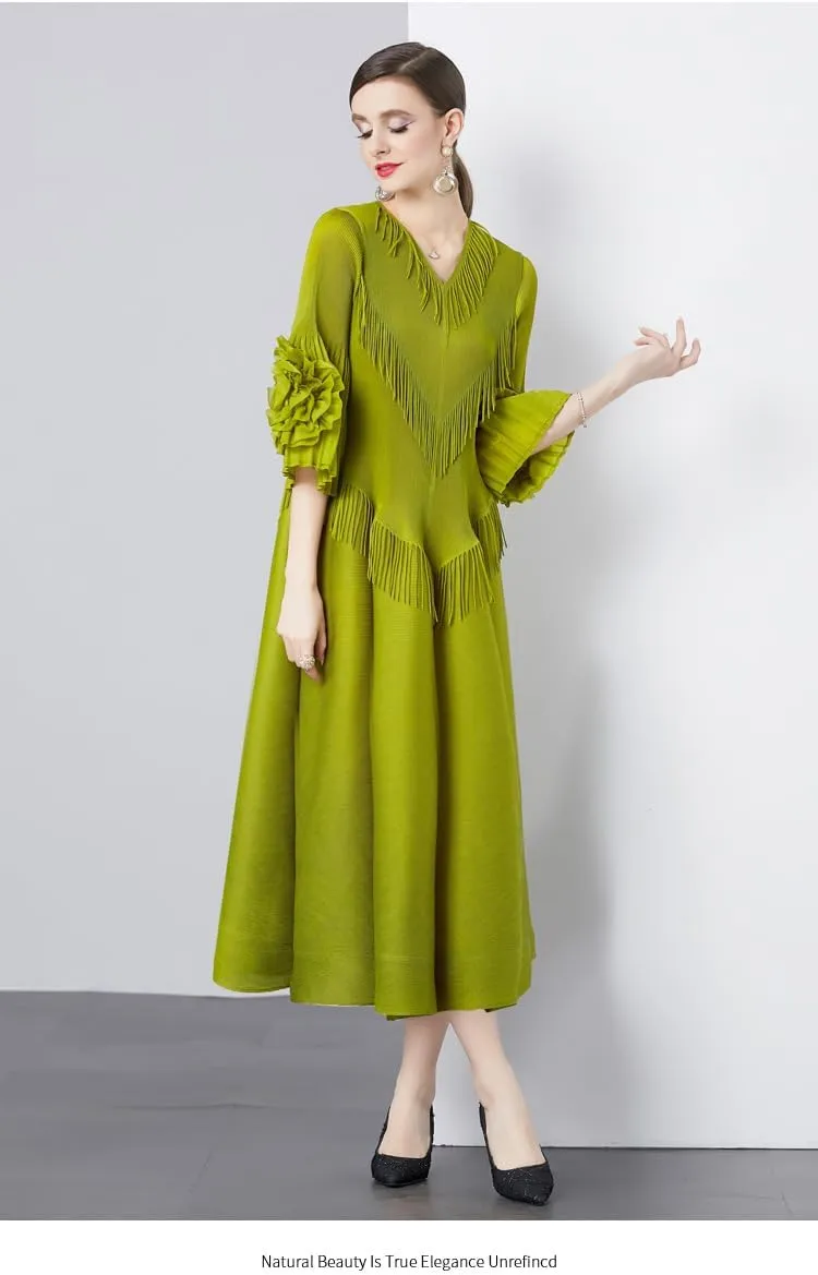 Elegant Court Design Dress for Women with Fringe Details, v-Neck, Slim-fit, Long Trumpet Sleeves