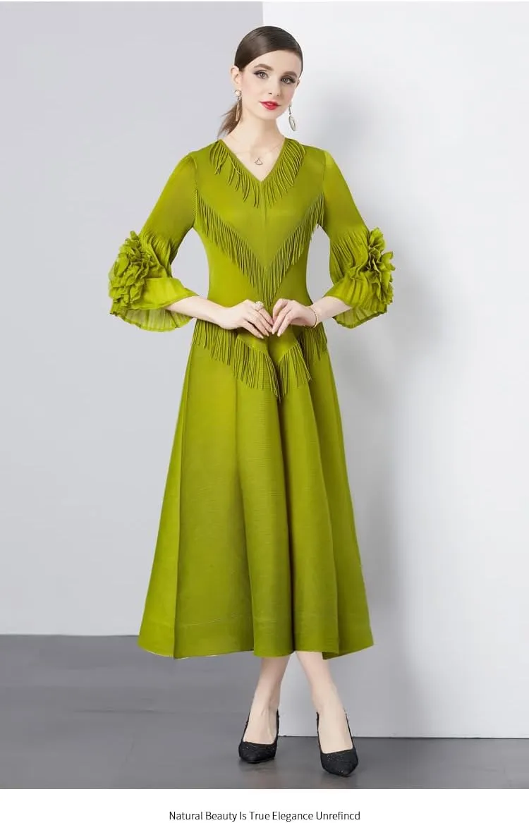 Elegant Court Design Dress for Women with Fringe Details, v-Neck, Slim-fit, Long Trumpet Sleeves