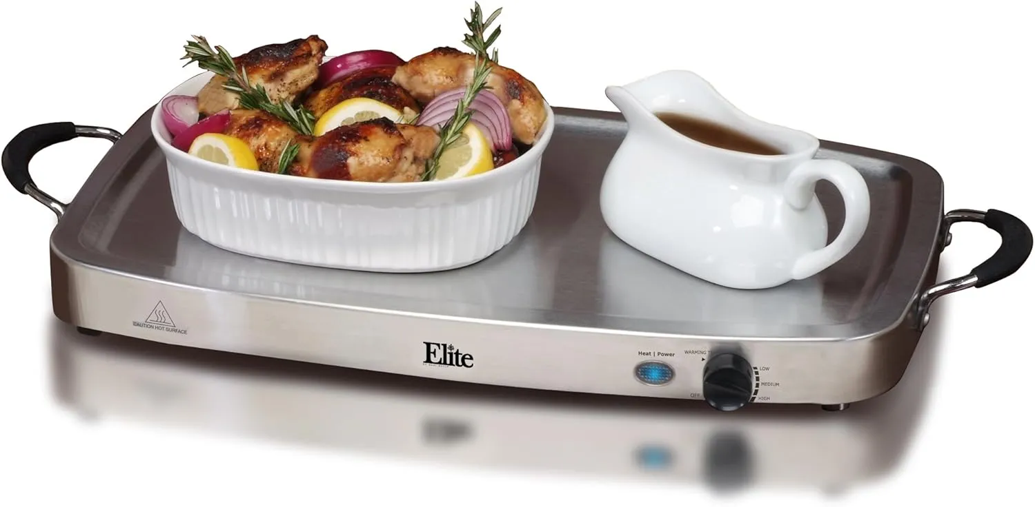 Elite Gourmet EWM-9933 Triple 3 x 2.5 Quart Trays Buffet Server 7.5 Qt Oven Safe Pan Food Warmer, Temperature Control, Clear Slotted Lids, Perfect for Parties, Entertaining & Holidays, Stainless Steel