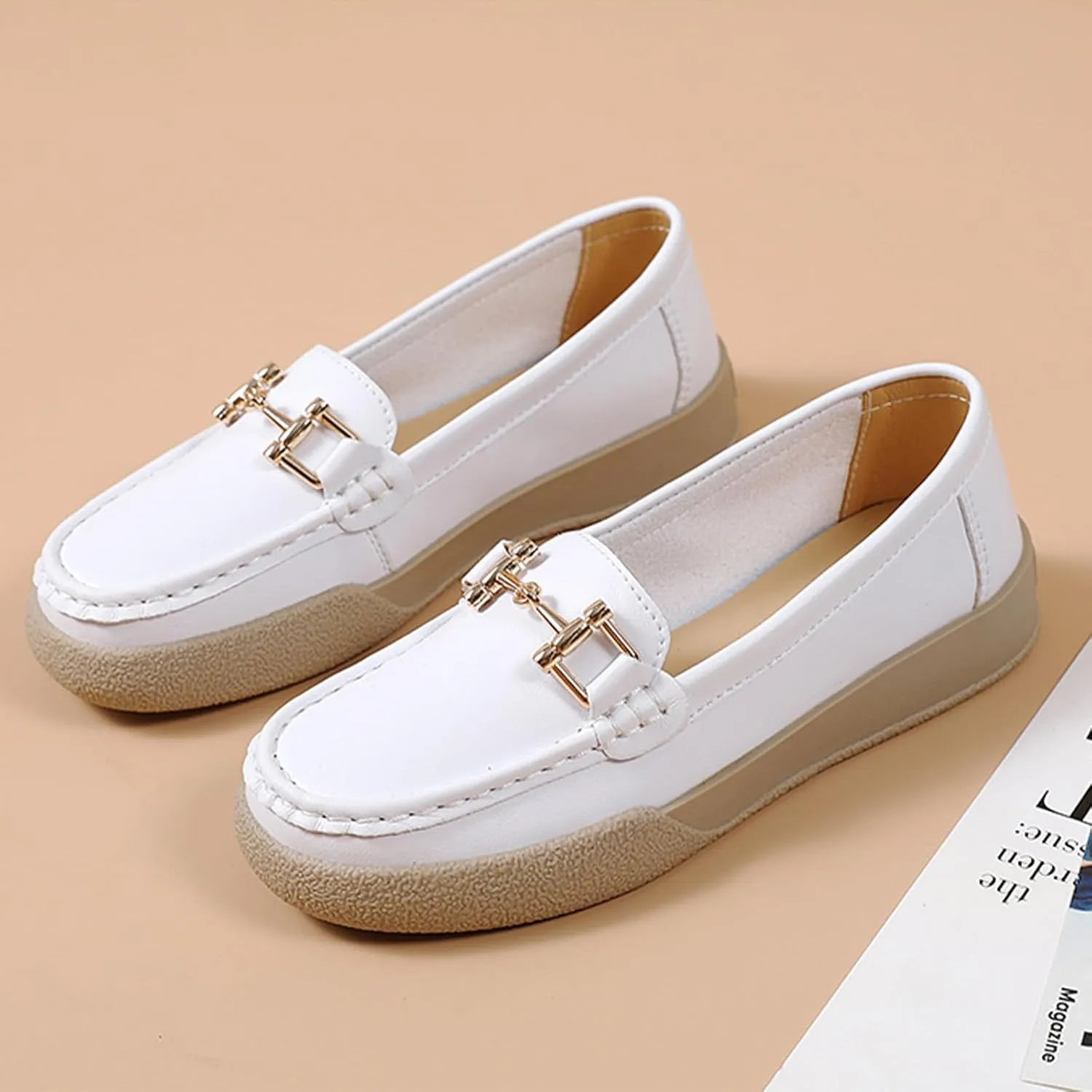 Ephirebra Women's Slip-On Leather Memory Foam Loafers Comfortable Non-Slip Walking Loafers Fashion Moccasins Dress Shoes