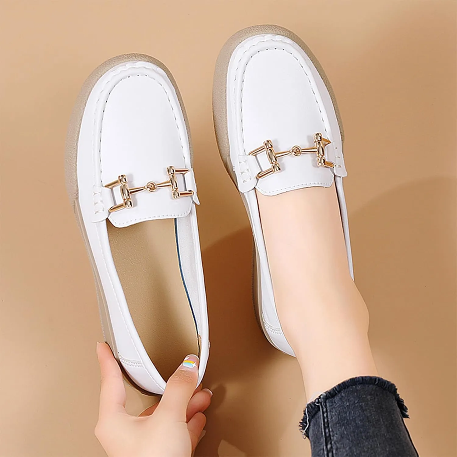 Ephirebra Women's Slip-On Leather Memory Foam Loafers Comfortable Non-Slip Walking Loafers Fashion Moccasins Dress Shoes
