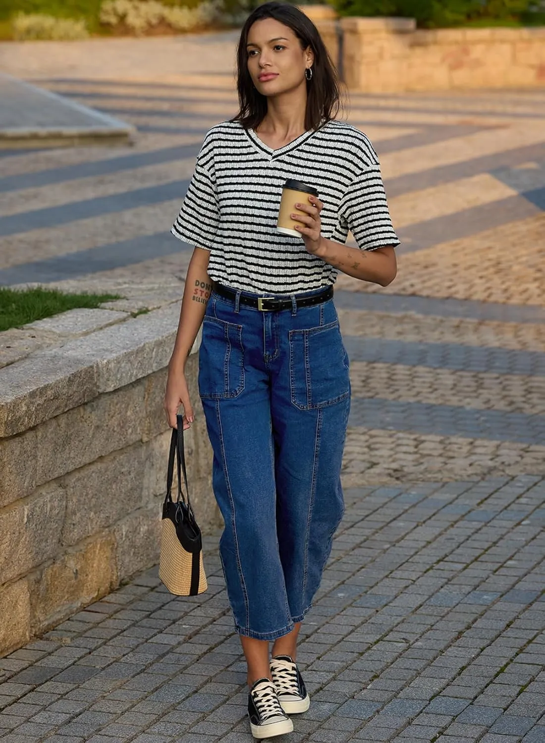 EVALESS Barrel Jeans for Women Trendy High Waisted Wide Leg Baggy Ankle Denim Pants