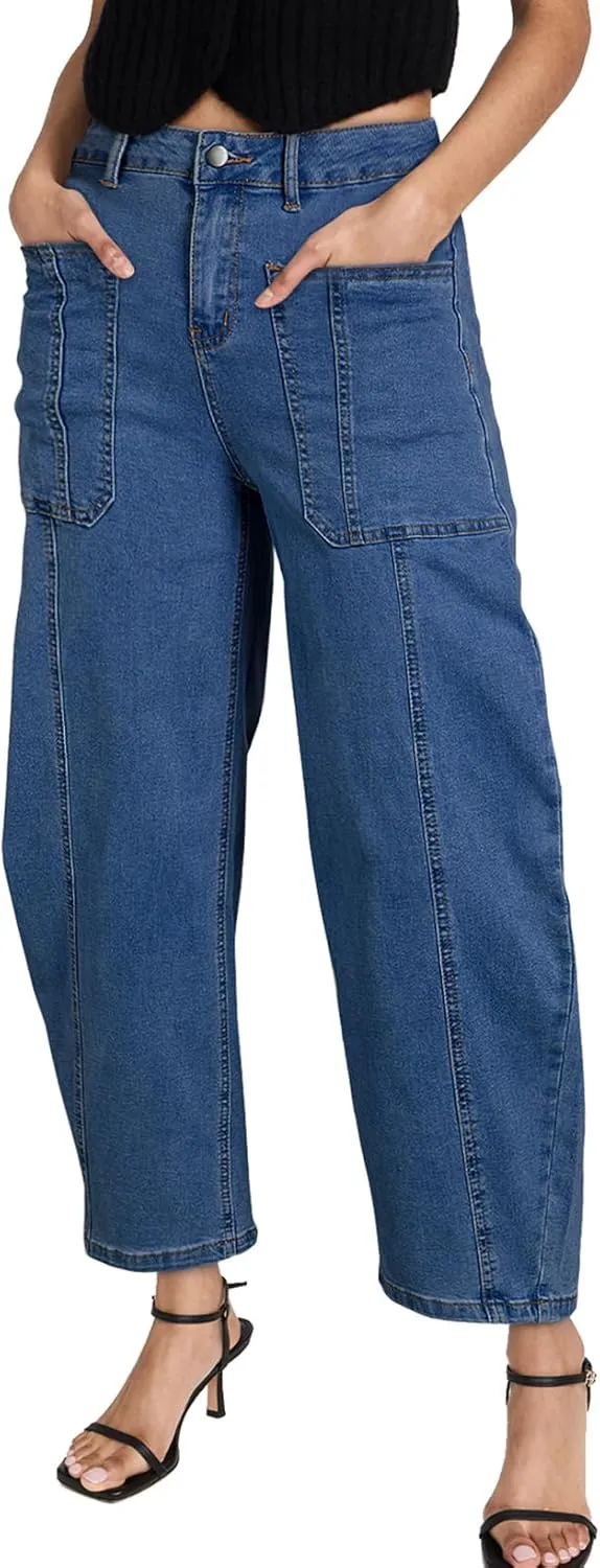 EVALESS Barrel Jeans for Women Trendy High Waisted Wide Leg Baggy Ankle Denim Pants
