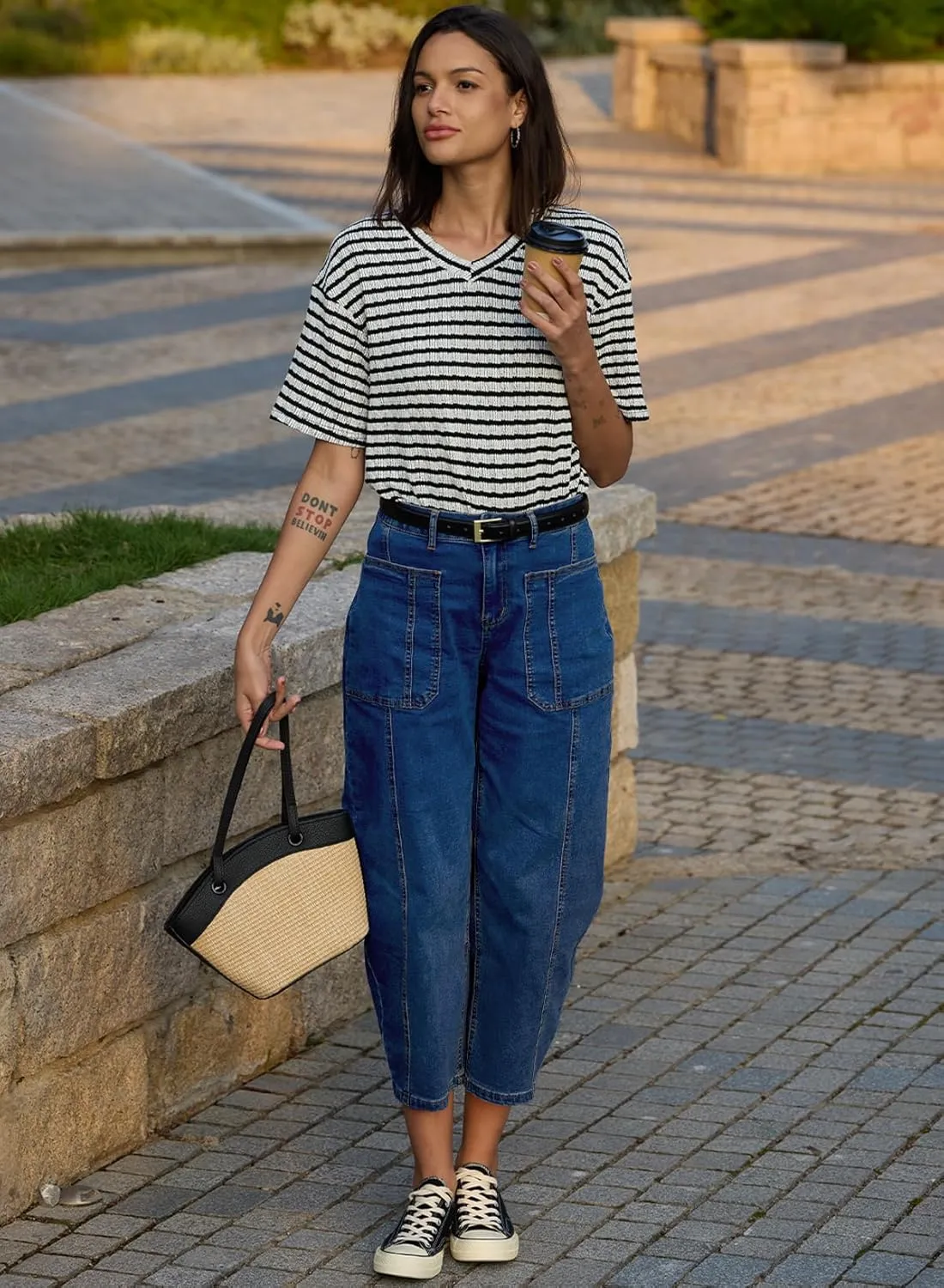 EVALESS Barrel Jeans for Women Trendy High Waisted Wide Leg Baggy Ankle Denim Pants