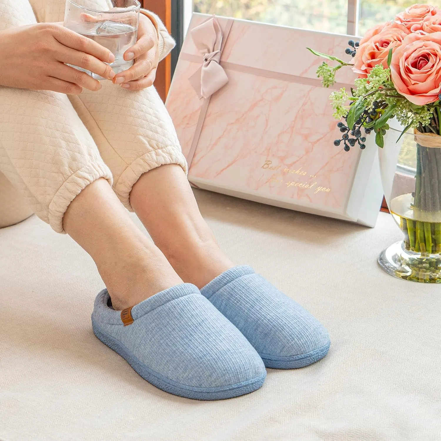 FamilyFairy Womens Slip On Memory Foam Slippers Comfy Knit Bedroom House Shoes for Indoor Outdoor
