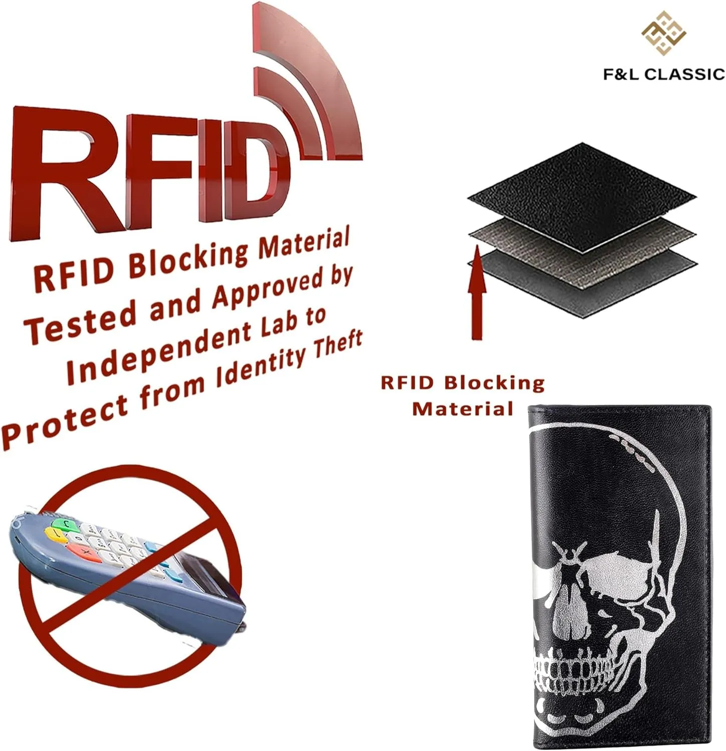 F&L CLASSIC Men's RFID Vintage Look Genuine Leather Long Bifold Wallet Checkbook Wallets,black skull,240-50