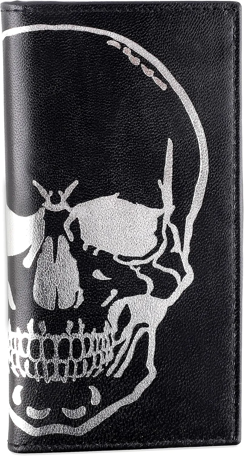 F&L CLASSIC Men's RFID Vintage Look Genuine Leather Long Bifold Wallet Checkbook Wallets,black skull,240-50