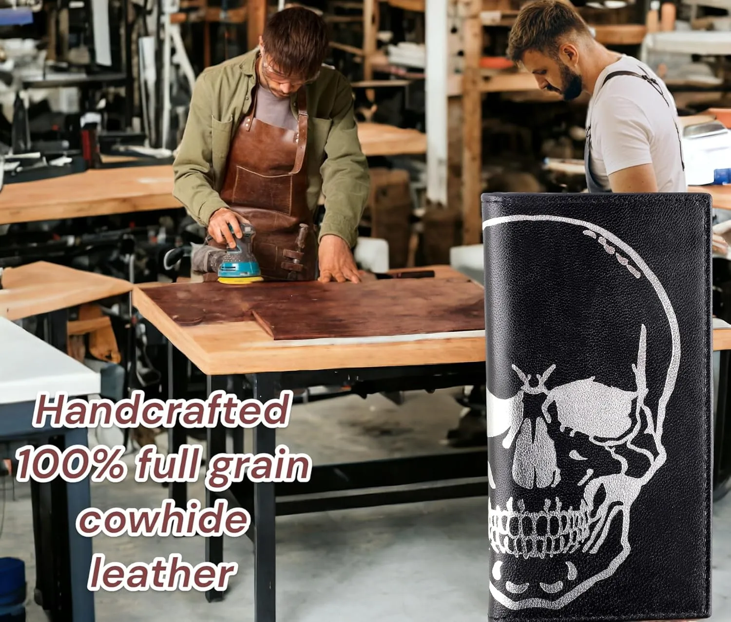 F&L CLASSIC Men's RFID Vintage Look Genuine Leather Long Bifold Wallet Checkbook Wallets,black skull,240-50