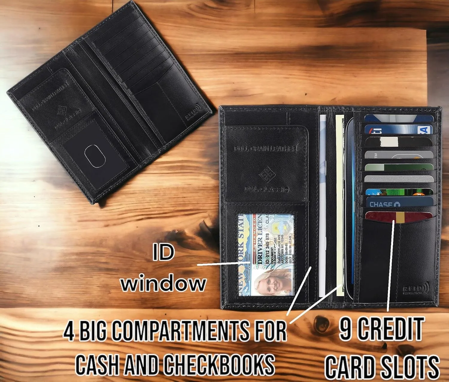 F&L CLASSIC Men's RFID Vintage Look Genuine Leather Long Bifold Wallet Checkbook Wallets,black skull,240-50