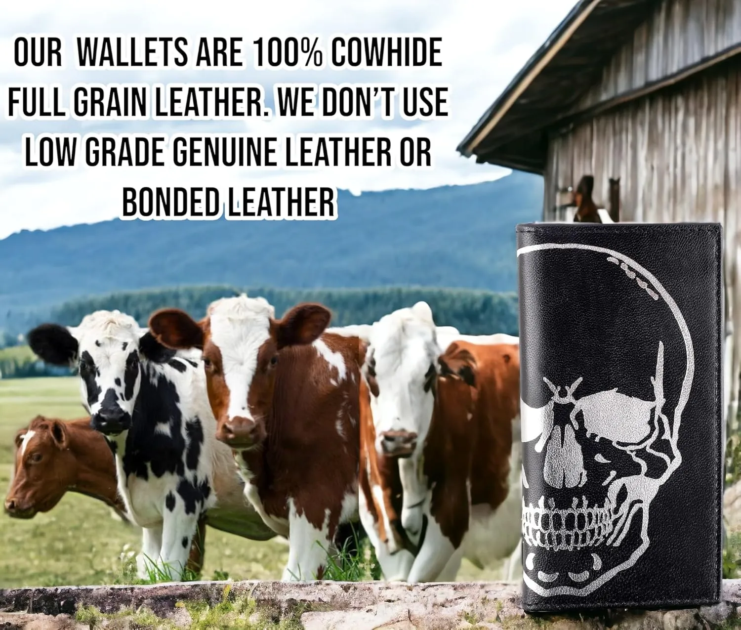 F&L CLASSIC Men's RFID Vintage Look Genuine Leather Long Bifold Wallet Checkbook Wallets,black skull,240-50