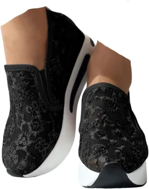 Fashion Sneakers for Ladies,Stylish Floral Embroidered Lace Mesh Sneakers Soft Platform Memory Foam Midsole Sneakers Stylish Chic Embroidered Party Travel Road Running Sneakers for Women