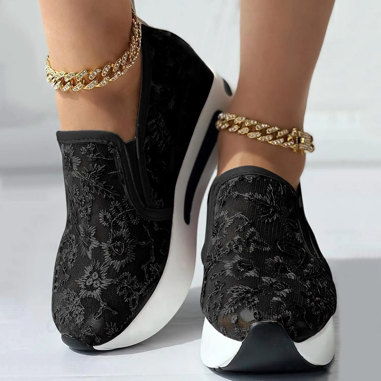 Fashion Sneakers for Ladies,Stylish Floral Embroidered Lace Mesh Sneakers Soft Platform Memory Foam Midsole Sneakers Stylish Chic Embroidered Party Travel Road Running Sneakers for Women