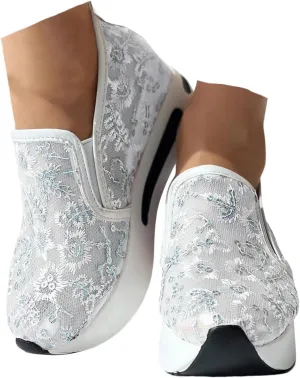 Fashion Sneakers for Ladies,Stylish Floral Embroidered Lace Mesh Sneakers Soft Platform Memory Foam Midsole Sneakers Stylish Chic Embroidered Party Travel Road Running Sneakers for Women