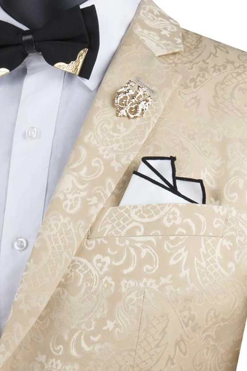 Fashionable Vinci Beige Slim-Fit Shine Paisley Prom/Wedding Suit