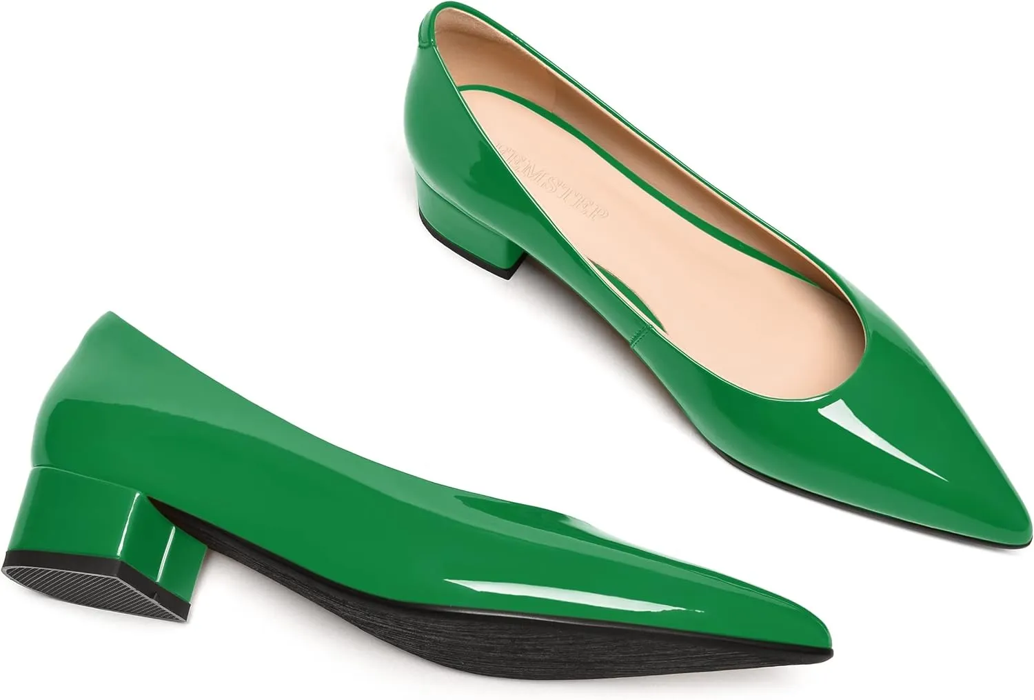 FEMSTEP Women's Low Heels Pointed Toe Casual Patent Leather Slip On Chunky Pumps Shoes 1.5 Inch