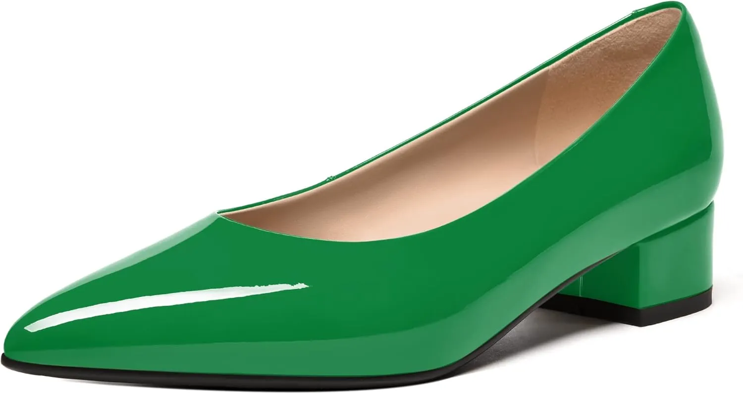 FEMSTEP Women's Low Heels Pointed Toe Casual Patent Leather Slip On Chunky Pumps Shoes 1.5 Inch