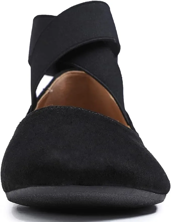 FEVERSOLE Women's Fashion Elastic Ankle Strap Shoes Round Toe Ballet Flat