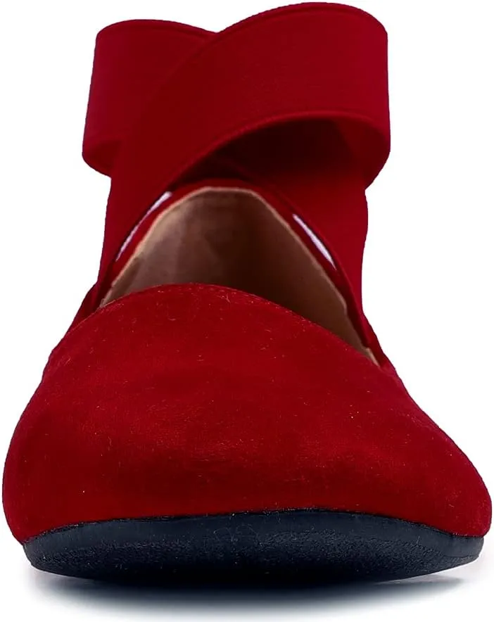 FEVERSOLE Women's Fashion Elastic Ankle Strap Shoes Round Toe Ballet Flat
