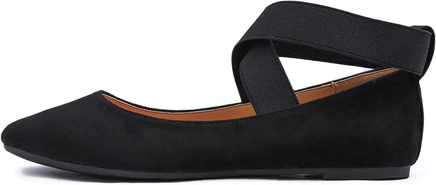 FEVERSOLE Women's Fashion Elastic Ankle Strap Shoes Round Toe Ballet Flat
