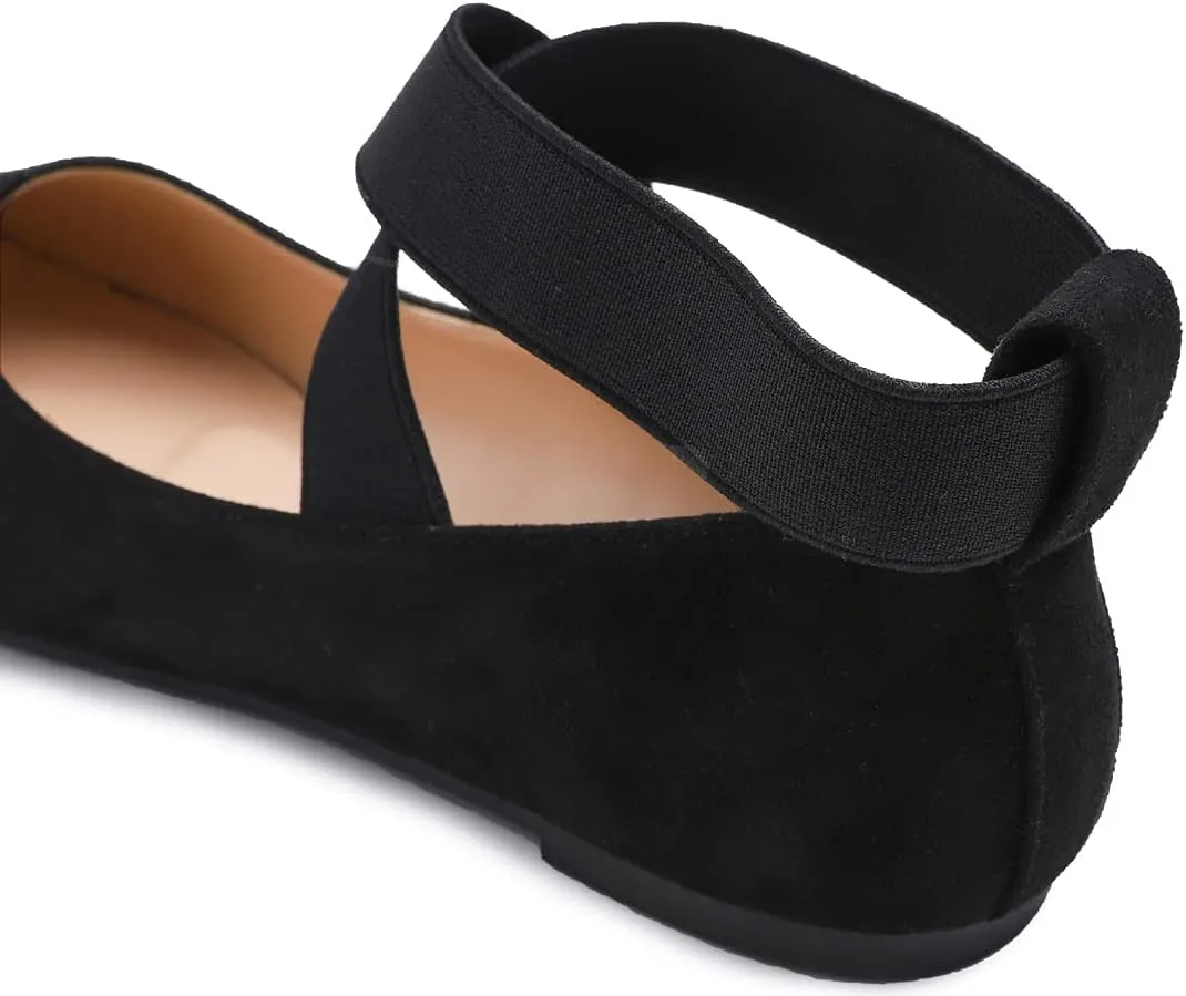 FEVERSOLE Women's Fashion Elastic Ankle Strap Shoes Round Toe Ballet Flat