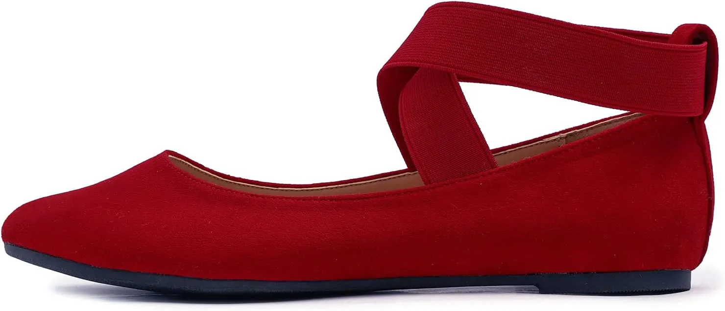 FEVERSOLE Women's Fashion Elastic Ankle Strap Shoes Round Toe Ballet Flat