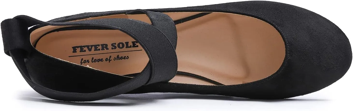 FEVERSOLE Women's Fashion Elastic Ankle Strap Shoes Round Toe Ballet Flat