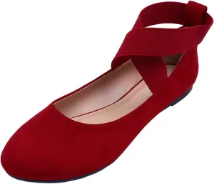 FEVERSOLE Women's Fashion Elastic Ankle Strap Shoes Round Toe Ballet Flat