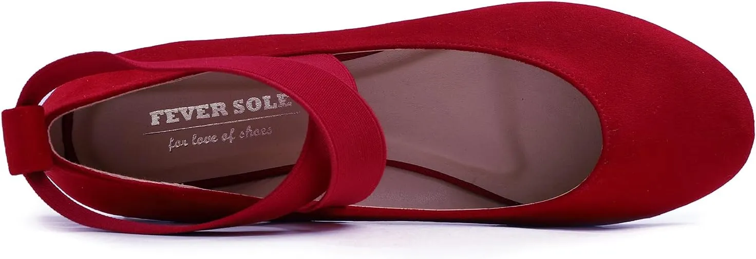 FEVERSOLE Women's Fashion Elastic Ankle Strap Shoes Round Toe Ballet Flat