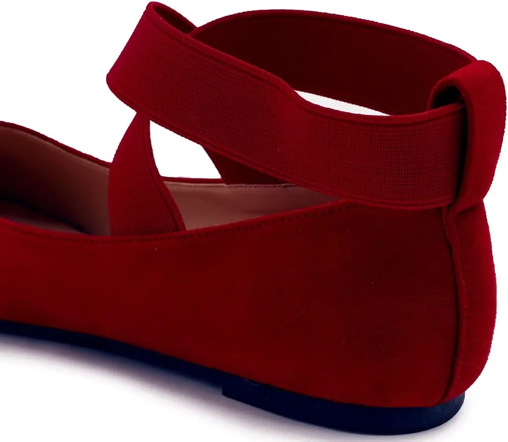 FEVERSOLE Women's Fashion Elastic Ankle Strap Shoes Round Toe Ballet Flat
