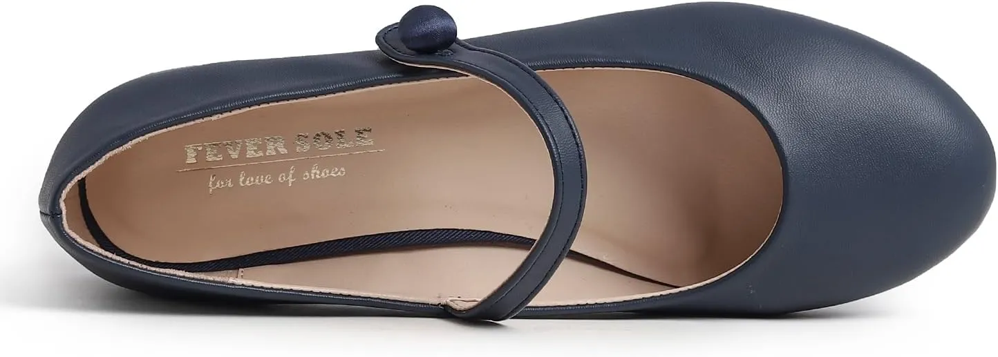 FEVERSOLE Women's Mary Jane Fashion Round Toe Low Heel Slip On Flats