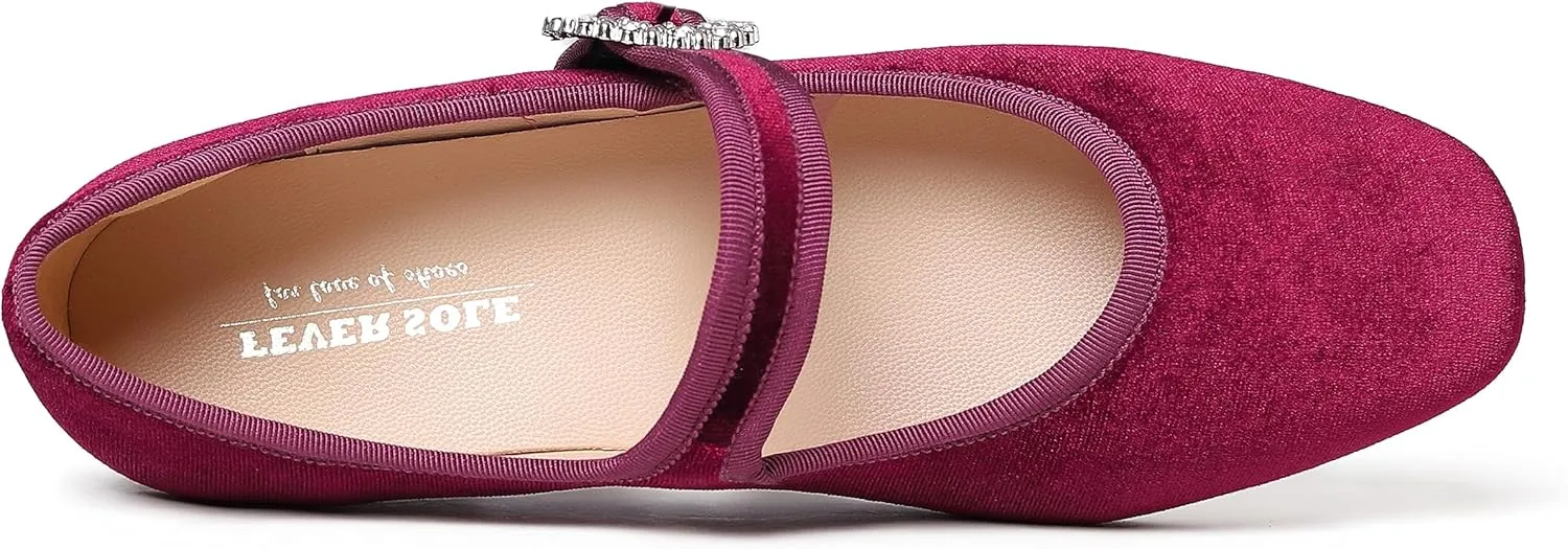 FEVERSOLE Women's Mary Jane Fashion Square Toe Easy Buckle Low Heel Slip On Flats