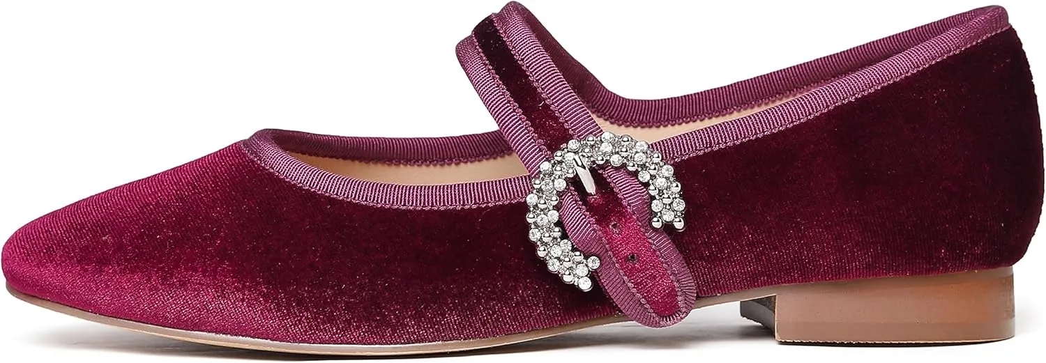 FEVERSOLE Women's Mary Jane Fashion Square Toe Easy Buckle Low Heel Slip On Flats