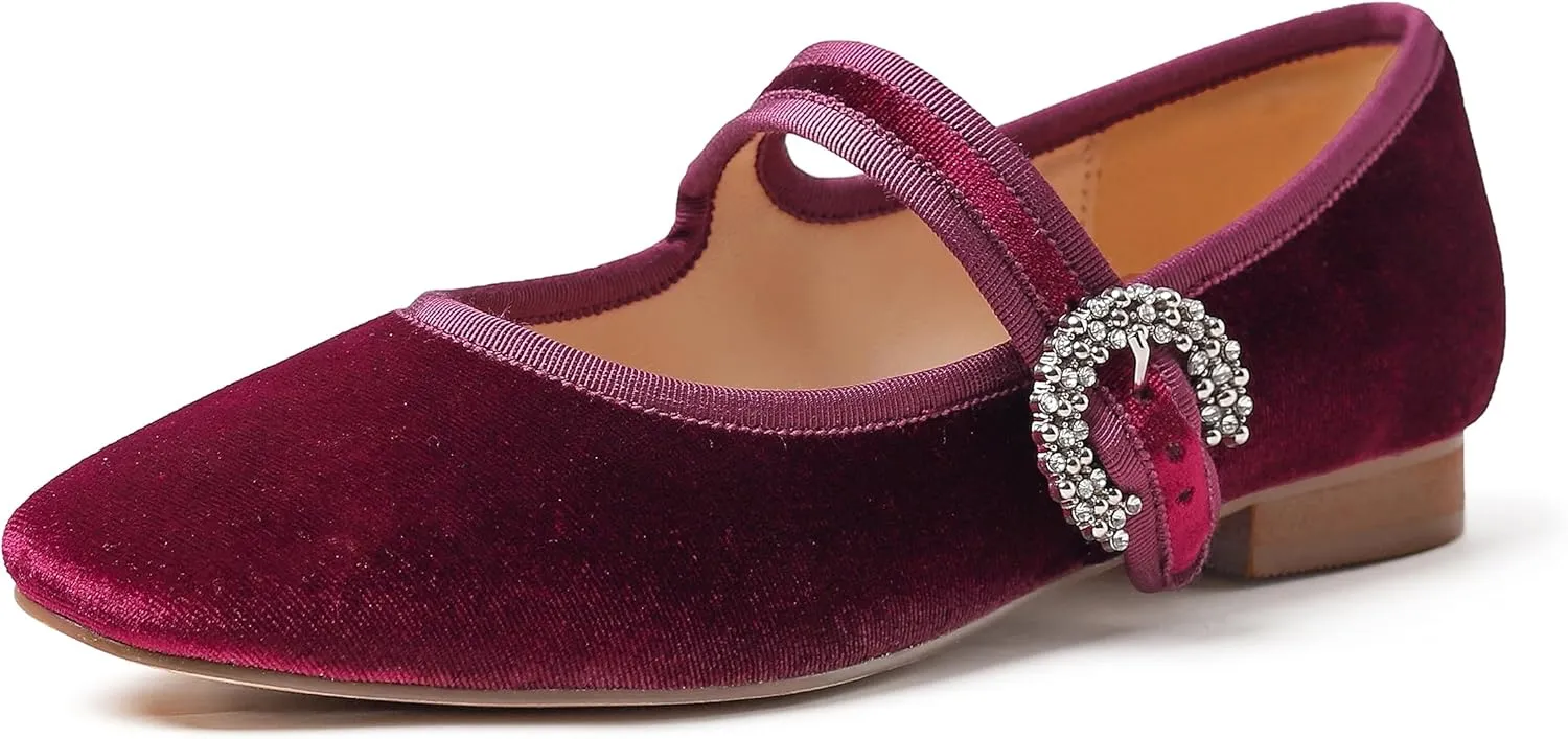 FEVERSOLE Women's Mary Jane Fashion Square Toe Easy Buckle Low Heel Slip On Flats