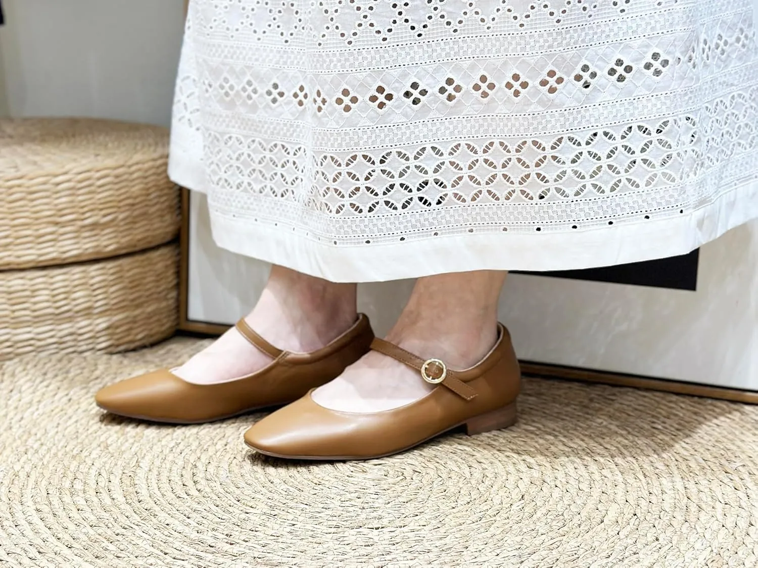 FEVERSOLE Women's Mary Jane Fashion Square Toe Padded Ankle Low Heel Slip On Flats